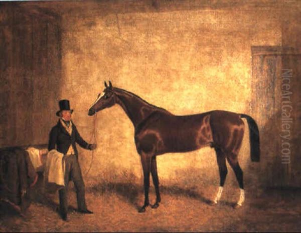 Orlando, A Bay Racehorse, Held By A Trainer, In A Stable Oil Painting by George Vicat Cole