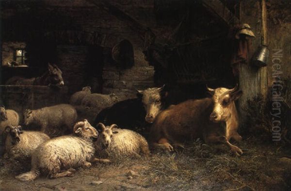 Farm Animals Resting In A Stable by George Vicat Cole