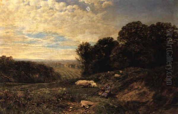 Figures And Sheep In A Landscape Oil Painting by George Vicat Cole