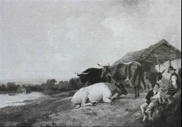 Figures, Cattle And A Donkey Before A Barn, A River         Landscape Beyond Oil Painting by George Vicat Cole