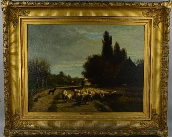 Village Scene With Figures, Shepherd And Sheep Oil Painting by Joseph Foxcroft Cole