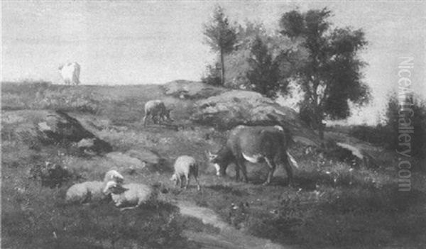 Sheep And Cattle In A Rocky Field Oil Painting by Joseph Foxcroft Cole