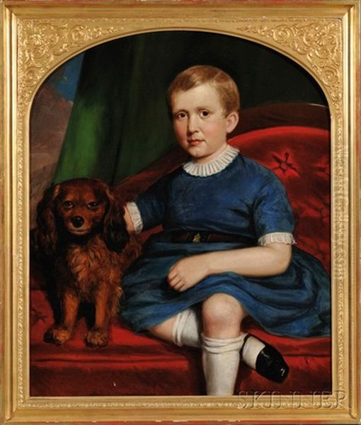 Portrait Of A Boy In Blue Seated Beside His Dog On A Red Upholstered Sofa Oil Painting by Joseph Greenleaf Cole