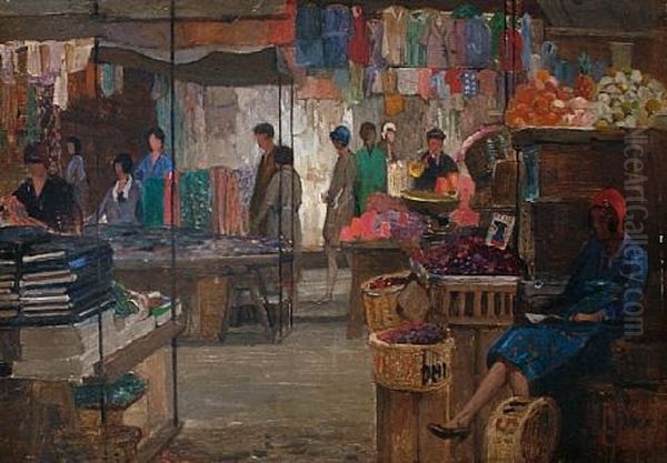 Berwick Street Market, Soho Oil Painting by Reginald Rex Vicat Cole