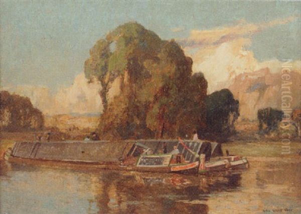 Canal Barges Oil Painting by Reginald Rex Vicat Cole