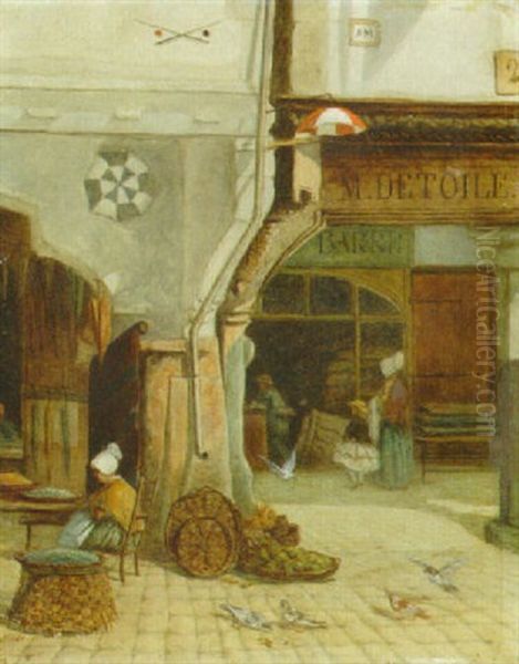 A Market Scene Oil Painting by Reginald Rex Vicat Cole