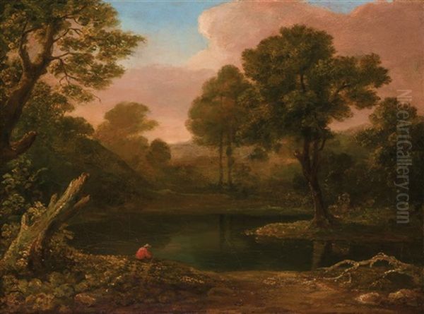 Landscape With Lake And Man Fishing Oil Painting by Thomas Cole