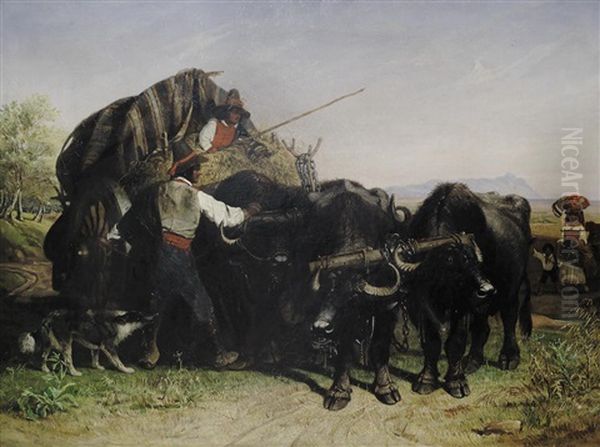 Buffalo Cart And Peasants Of The Pontine Marshes On The Road From Rome To Naples Oil Painting by Charles Coleman