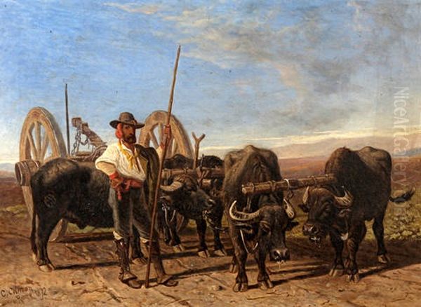 Buffalo And Buffalo Carts In The Roman Campania (pair) Oil Painting by Charles Coleman