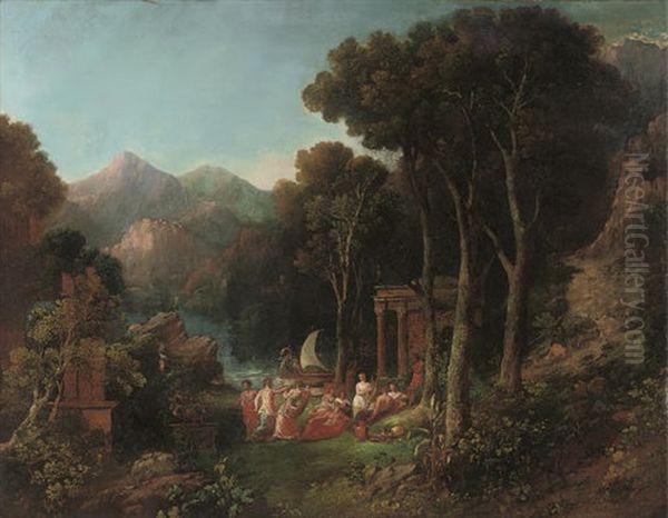 A Mountainous Wooded River Landscape With A Bacchanal Oil Painting by Charles Coleman