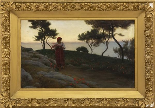 A Woman Gathering Red Flowers Along The Coast Oil Painting by Charles Caryl Coleman