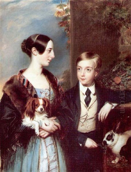 A Portrait Of A Mother With A Tartan Shawl And Her Son With Their Pet Dog And Rabbits Oil Painting by Edward Coleman