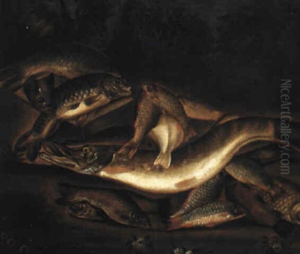 A Pike And Other Fish On A Bank Oil Painting by Edward Coleman