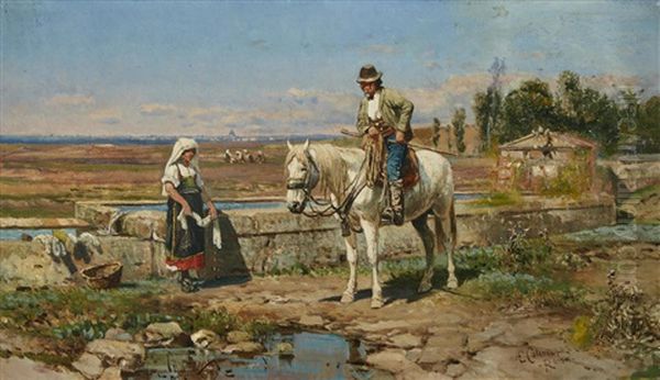 A Buttero At The Fountain Oil Painting by Enrico Coleman