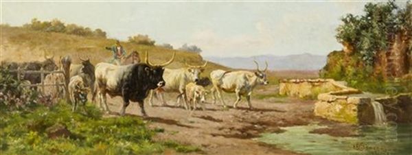 Oxen Approaching Watering Hole Oil Painting by Enrico Coleman