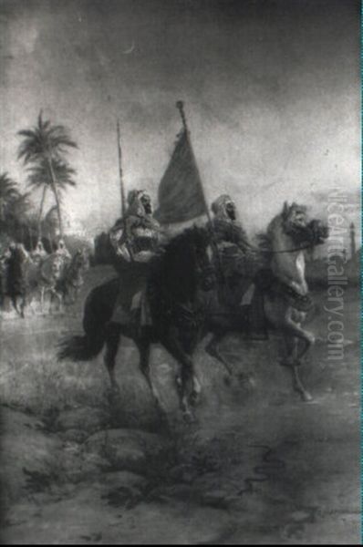 Arabs On Horseback Carrying A Red Flag Oil Painting by Francesco Coleman