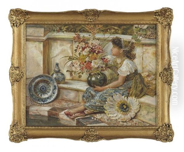 Young Girl With Flowers By A Reflecting Pool Oil Painting by William Stephen Coleman