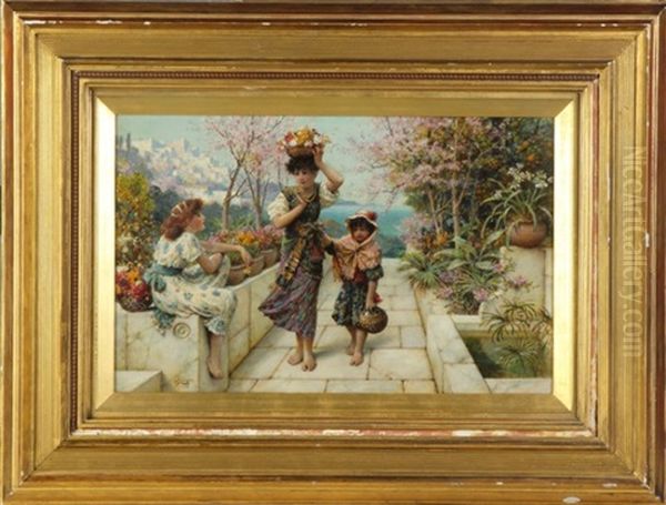 Woman And Children With Mediterranean Beyond Oil Painting by William Stephen Coleman