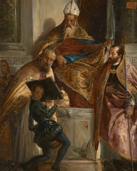 Saint Antoine Abbe Entoure De Saint Corneille Et De Saint Cyprien, D'apres Veronese Oil Painting by Alexandre Marie Colin