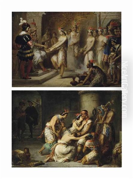 Ataliba (atahualpa) Recevant De Ses Sujets La Rancon Qu'il Doit Verser A Pizarre; Et Ataliba (atahualpa) Et Sa Famille Reunis En Prison Oil Painting by Alexandre Marie Colin