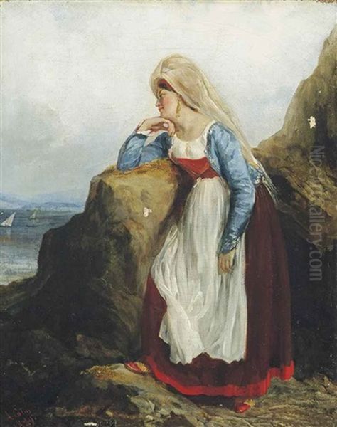 A Maiden Waiting By The Shore Oil Painting by Alexandre Marie Colin