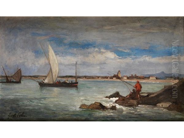 Uferlandschaft Mit Anglern Und Segelschiffen Oil Painting by Gustave Henri Colin