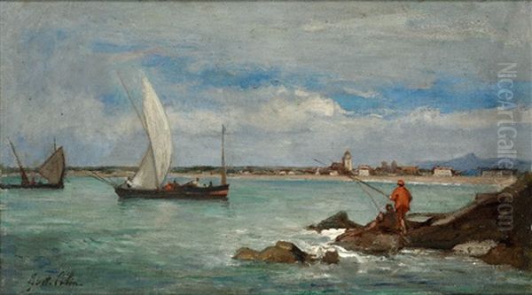 Kustenlandschaft Mit Segelbooten Und Anglern Oil Painting by Gustave Henri Colin