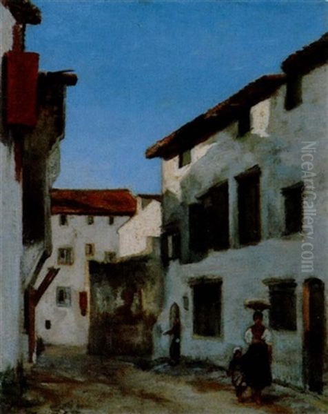 Dorfstrasse Mit Figurenstaffage Oil Painting by Gustave Henri Colin