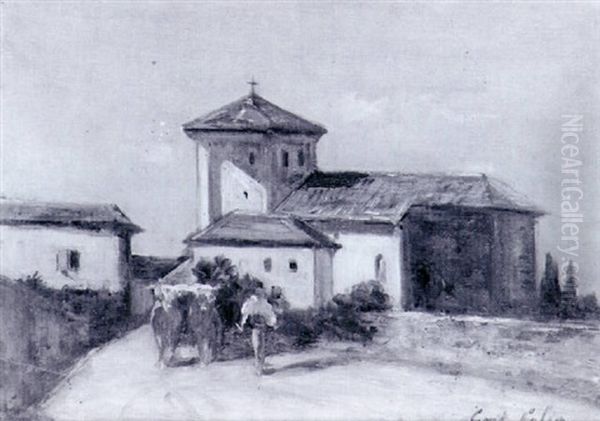 L'eglise D'ascain, Boeufs Et Bouvier Oil Painting by Gustave Henri Colin