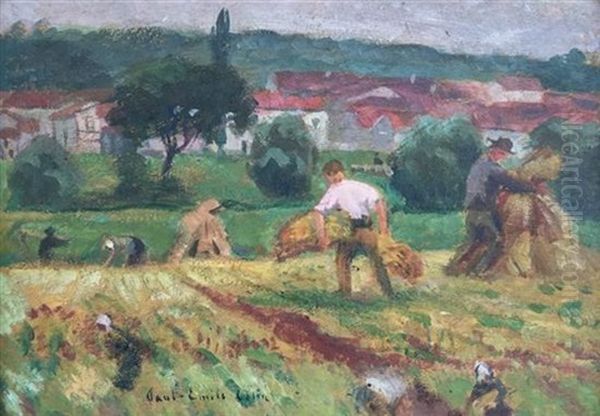 Double Sided Painting- People Working In The Field (recto); Landscape (verso) Oil Painting by Paul-Emile Colin