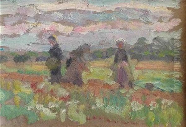 Double Sided Painting- Women Working In The Field (recto); Landscape (verso) Oil Painting by Paul-Emile Colin