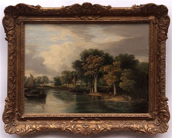 River Landscape With Figures And Boats Oil Painting by Samuel David Colkett