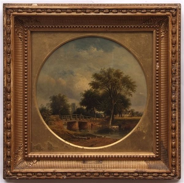 Country River Landscape With Figure On A Bridge And Cattle Watering by Samuel David Colkett