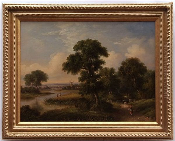 Figures In A River Landscape With Distant Windmill Oil Painting by Samuel David Colkett