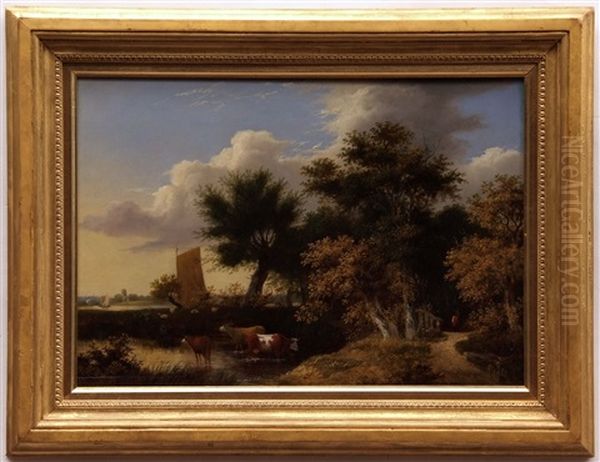 Cattle In River Landscape With Distant Boats Oil Painting by Samuel David Colkett