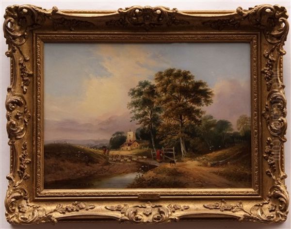 Figures And Sheep In Country Landscape Oil Painting by Samuel David Colkett