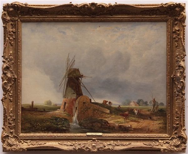 Herder, Dog And Cattle By A Mill Oil Painting by Samuel David Colkett