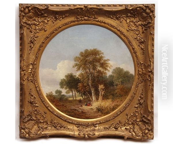 Figures And Dog Resting In Wooded Landscape Oil Painting by Samuel David Colkett