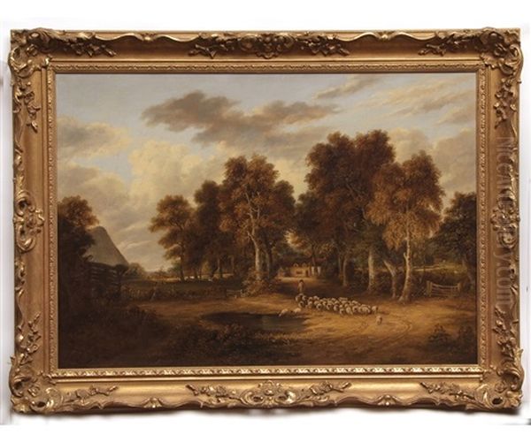 Extensive Wooded Landscape With Shepherd And Sheep And In Lane Oil Painting by Samuel David Colkett