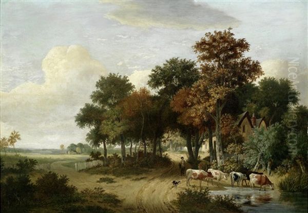 Cattle Watering In An East Anglian Landscape Oil Painting by Samuel David Colkett