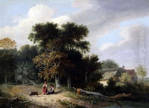 Children On A Lane With Cottage Beyond by Samuel David Colkett