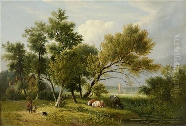 Landschaft Mit Kuhen Bei Norfolk Oil Painting by Samuel David Colkett