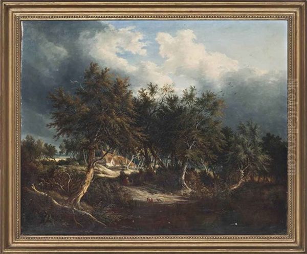 A Wooded River Landscape With Figures On The Bank Oil Painting by Samuel David Colkett