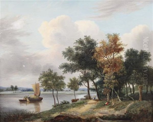 River Landscape With Sail Barge And Figures On The Bank Oil Painting by Samuel David Colkett