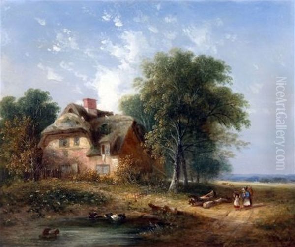 Figures By A Thatched Cottage Oil Painting by Samuel David Colkett