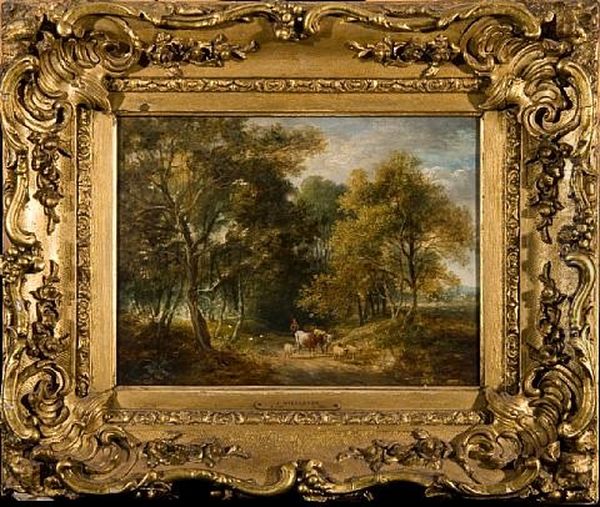 A Drover With Cattle And Sheep In A Country Lane Oil Painting by Samuel David Colkett