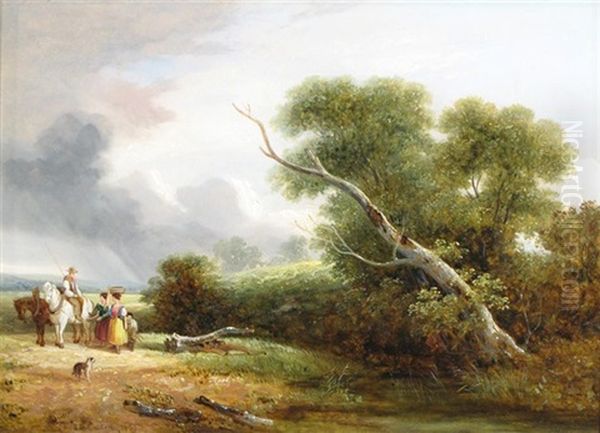 Travelers On A Path In A Wooded Landscape Oil Painting by Samuel David Colkett