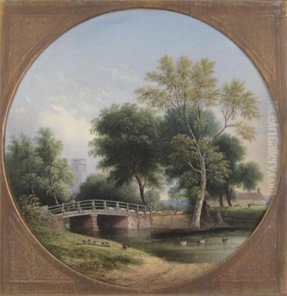 A Shepherd And Flock On A Bridge In A Village (+ Havesters On A Bridge Over A Stream; Pair) Oil Painting by Samuel David Colkett