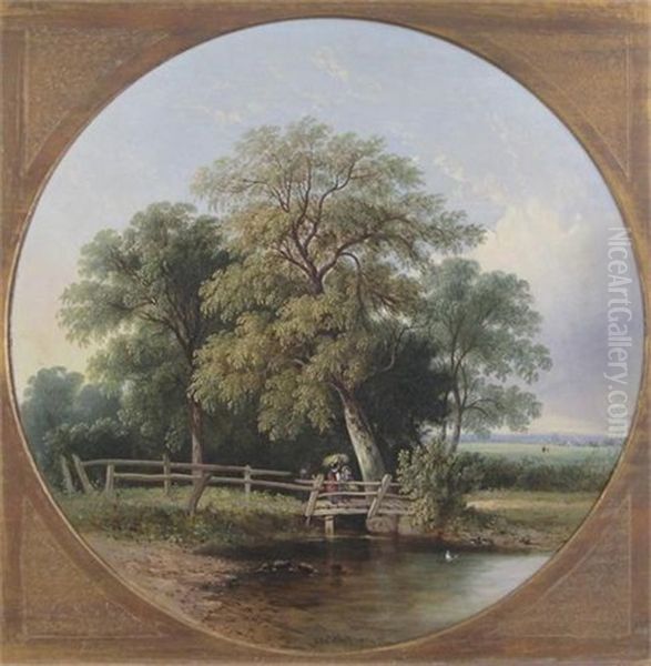 A Shepherd And Flock On A Bridge In A Village (+ Harvesters On A Bridge Over A Stream; Pair) Oil Painting by Samuel David Colkett