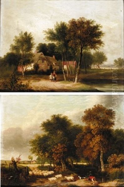 A Shepherd And His Flock (+ Figures Outside A Cottage; Pair) Oil Painting by Samuel David Colkett